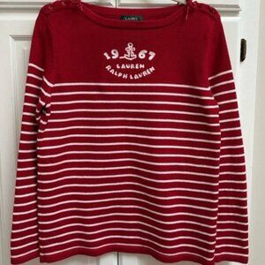 Lauren Ralph Lauren Nautical Cotton Sweater Red with White Stripes Size Medium